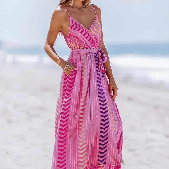 *NEW* CUPSHE Pink V-Neck Belted Maxi Dress Medium - Picture 1 of 4